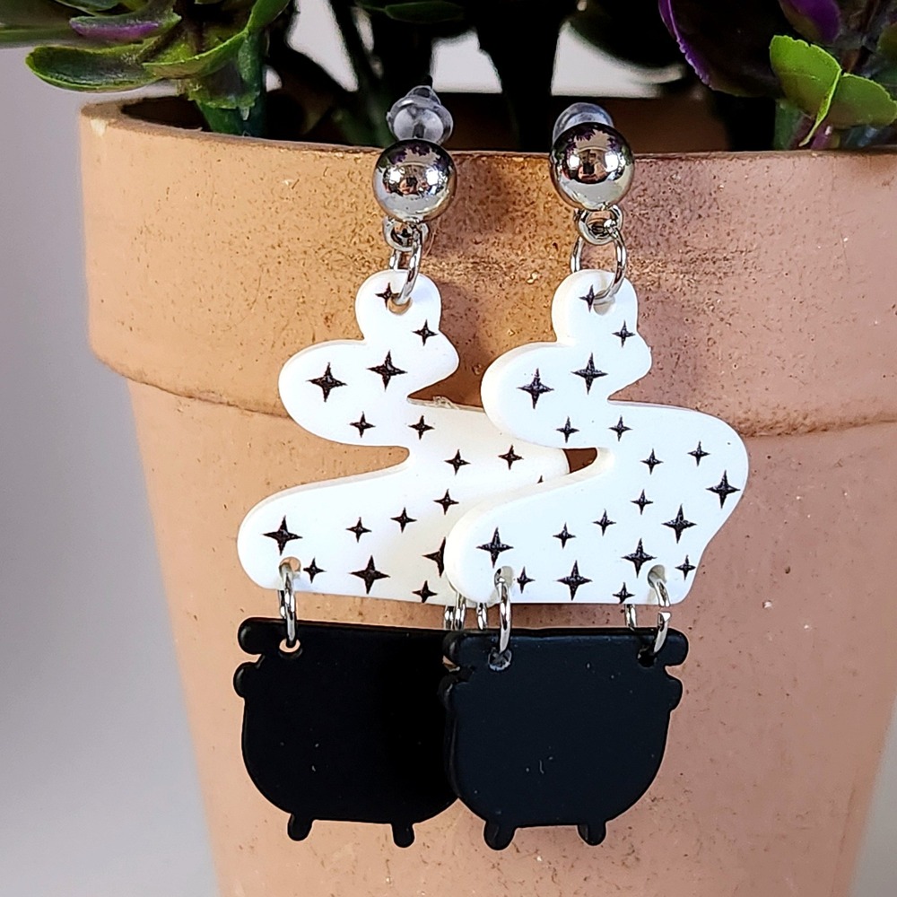 Witchy Cauldron Starry Smoke Acrylic Dangle Earrings Halloween Black White 1.75"